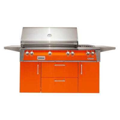 Alfresco ALXE 56-Inch Freestanding Natural Gas Deluxe Grill With Rotisserie And Side Burner in Luminous Orange – ALXE-56C-NG-S2005