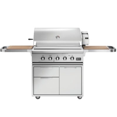 DCS Series 7 36-Inch Propane Grill w/ Rotisserie & Infrared Burner on CAD Cart w/ Cutting Board Side Shelves – BH1-36RI-L