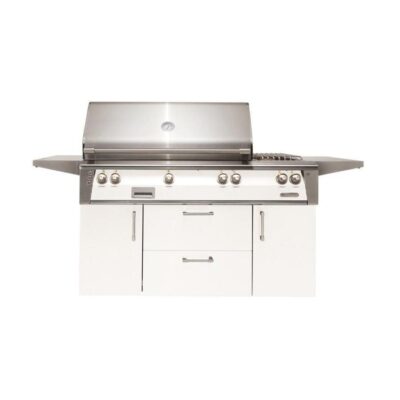 Alfresco ALXE 56-Inch Freestanding Natural Gas Deluxe Grill With Rotisserie And Side Burner in Signal White Matte – ALXE-56C-NG-SM9003