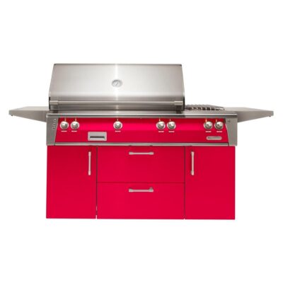 Alfresco ALXE 56-Inch Freestanding Natural Gas Deluxe Grill With Rotisserie And Side Burner in Raspberry Red – ALXE-56C-NG-S3027