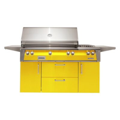 Alfresco ALXE 56-Inch Freestanding Natural Gas Deluxe Grill With Rotisserie And Side Burner in Traffic Yellow – ALXE-56C-NG-S1023