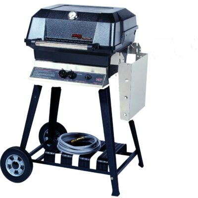 MHP JNR4DD Natural Gas Grill With Stainless Steel Shelves And Stainless Grids On Aluminum Cart